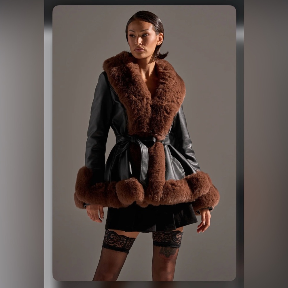 AKIRA KENZY FAUX FUR TRIM PEPLUM MOTO IN BLACK BROWN Size S